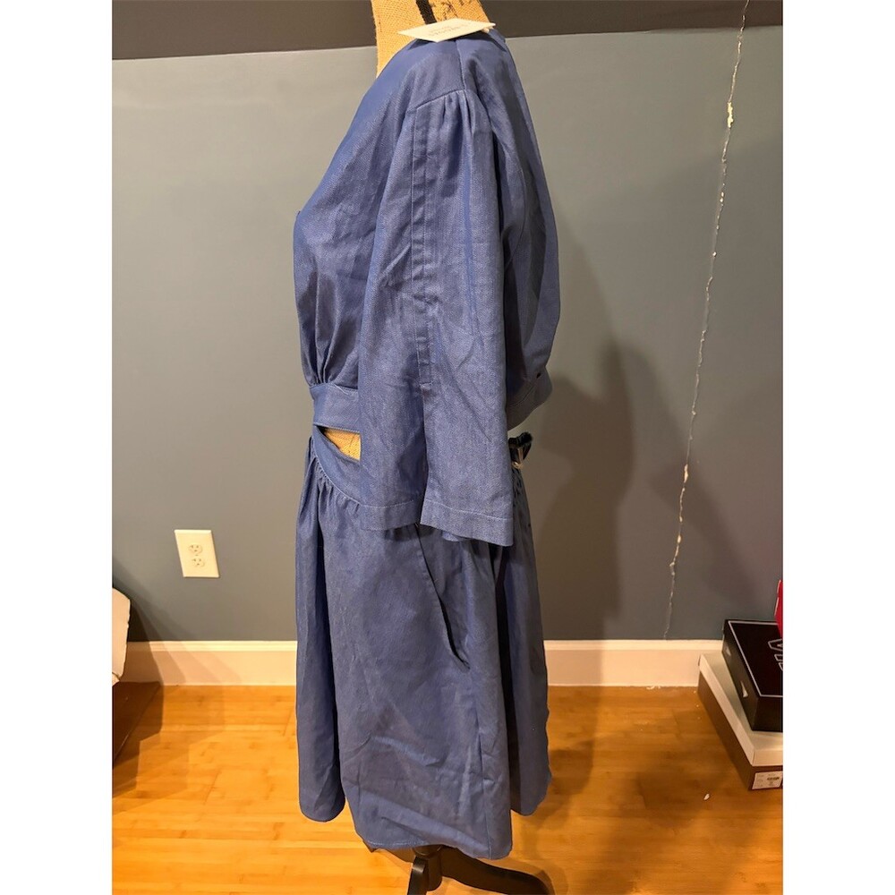 J. Brooks Dress Womens 1X Blue Midi V-Neck Button Front Cutout Waist 3/4 - Picture 6 of 13